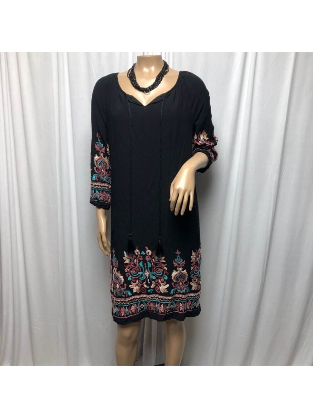 Kaktus Dress Womens Size Small Black Embroidered Tassels Lightweight Lined Boho